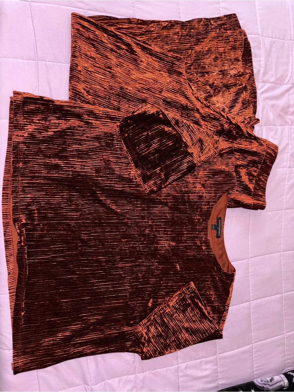 Banana Republic Rust Red Crushed Velvet Short Sleeve Top and bottoms.